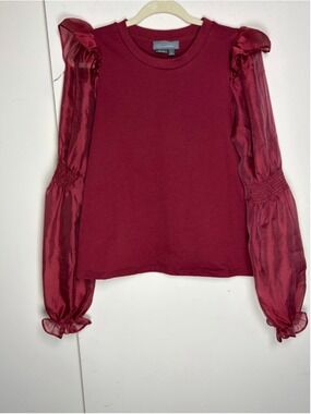 Anthropologie Berry Red Smock Long Sleeve Blouse Mixed Fabric Women's Size M